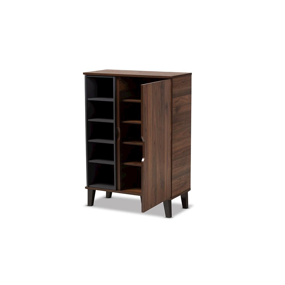 Two-Tone Walnut Brown and Grey Finished Wood 1-Door Shoe Cabinet. Picture 2