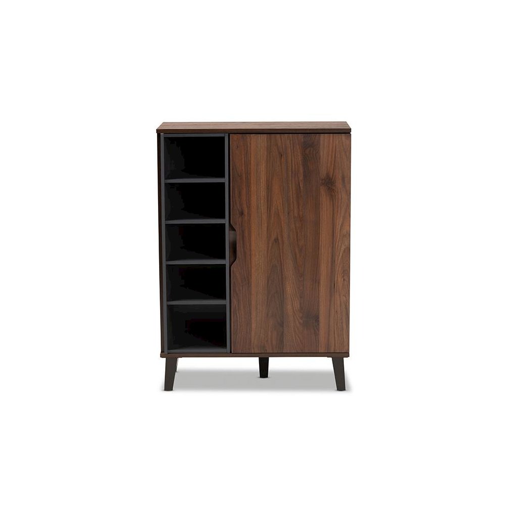 Two-Tone Walnut Brown and Grey Finished Wood 1-Door Shoe Cabinet. Picture 3