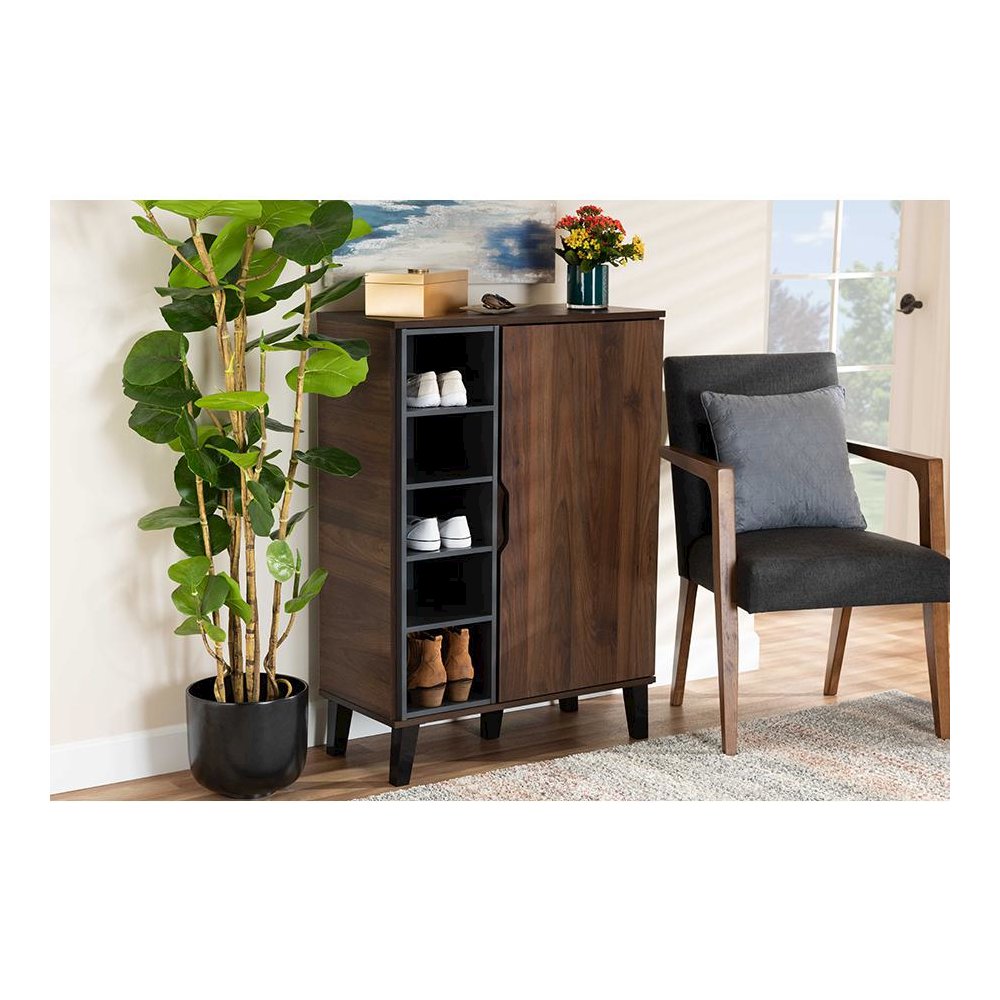 Two-Tone Walnut Brown and Grey Finished Wood 1-Door Shoe Cabinet. Picture 7