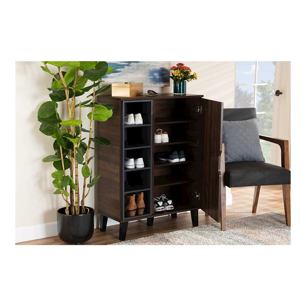 Two-Tone Walnut Brown and Grey Finished Wood 1-Door Shoe Cabinet. Picture 8