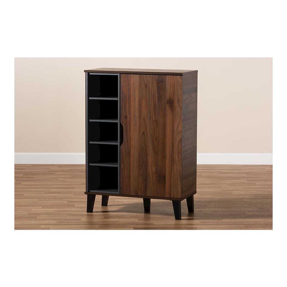 Two-Tone Walnut Brown and Grey Finished Wood 1-Door Shoe Cabinet. Picture 9