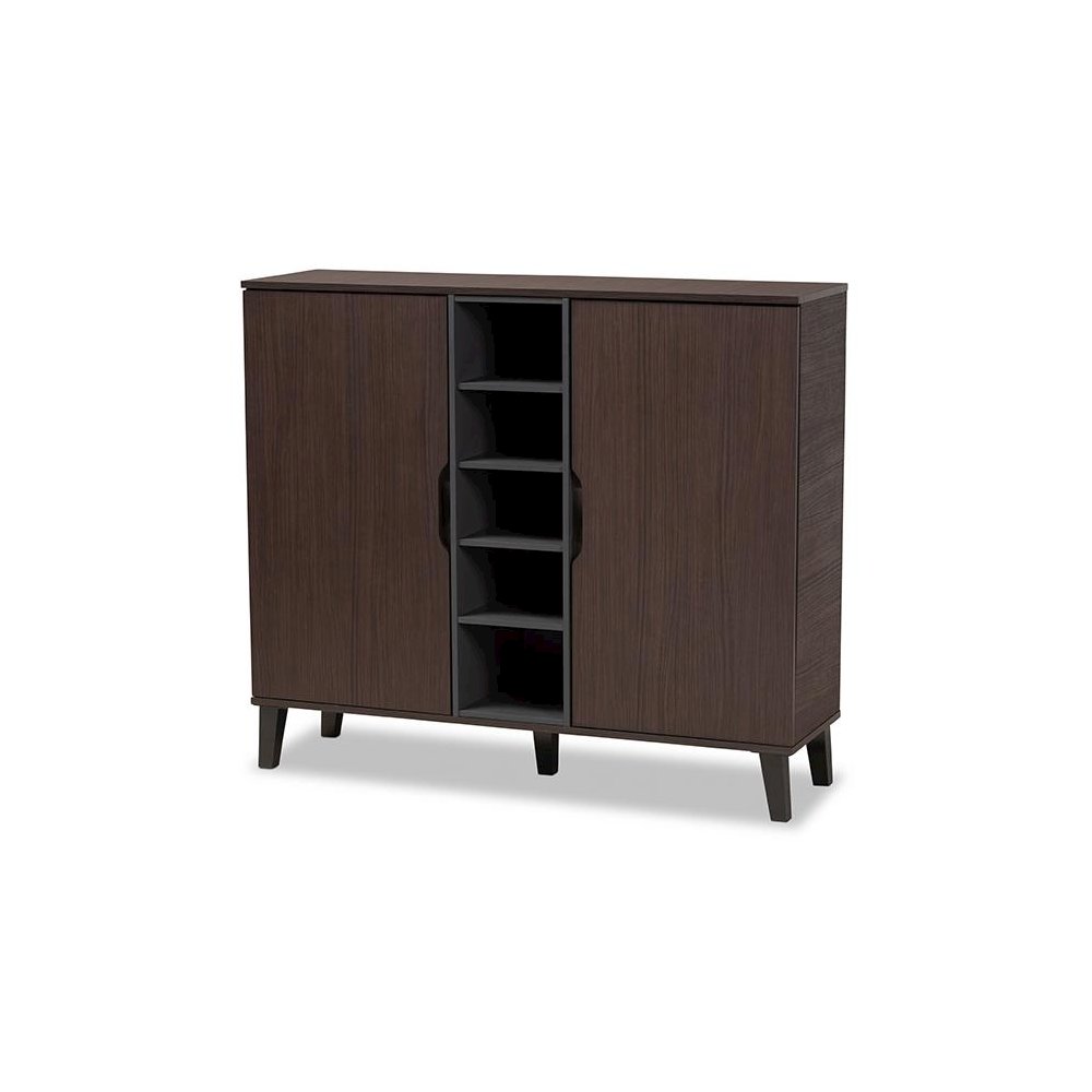 Two-Tone Dark Brown and Grey Finished Wood 2-Door Shoe Cabinet. Picture 1