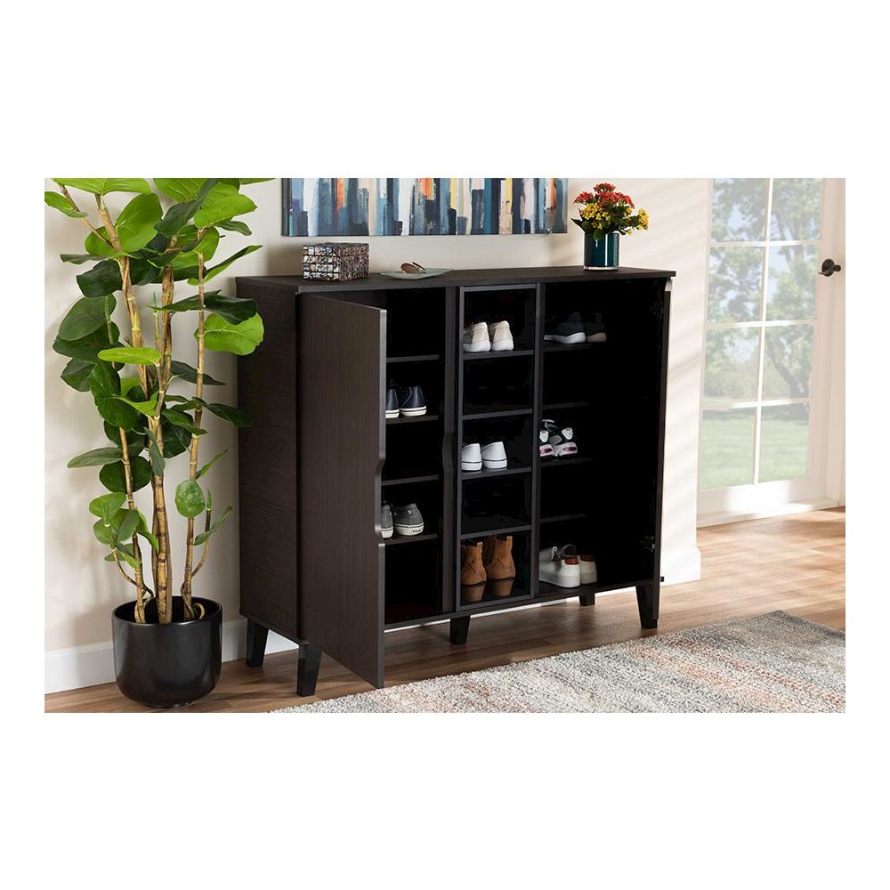 Two-Tone Dark Brown and Grey Finished Wood 2-Door Shoe Cabinet. Picture 8
