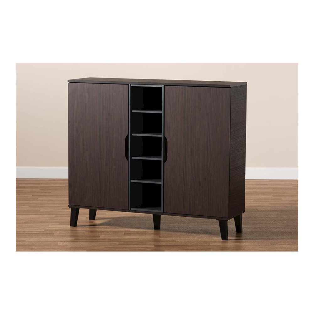 Two-Tone Dark Brown and Grey Finished Wood 2-Door Shoe Cabinet. Picture 9