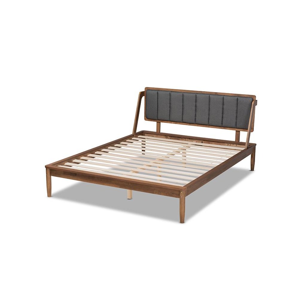 Dark Grey Fabric Upholstered and Walnut Finished Full Size Platform Bed. Picture 3