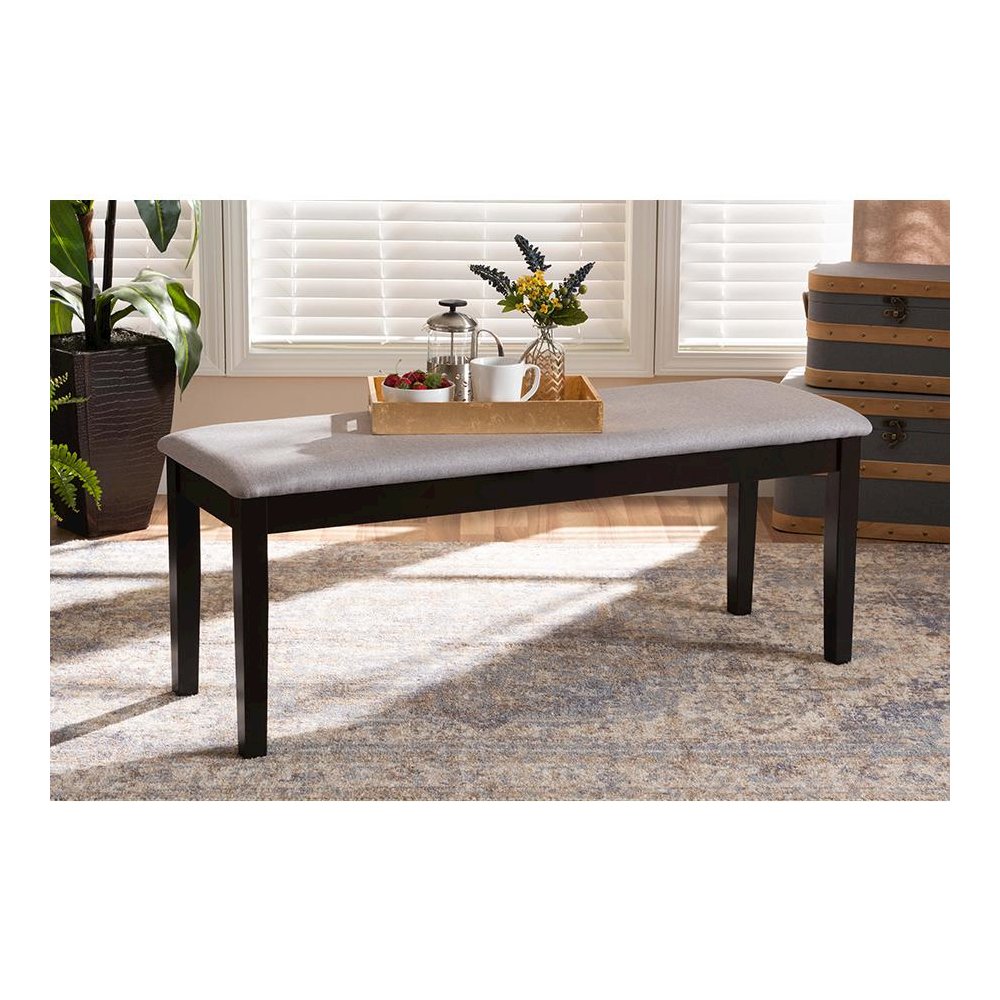 Transitional Grey Fabric Upholstered and Dark Brown Finished Wood Dining Bench. Picture 5