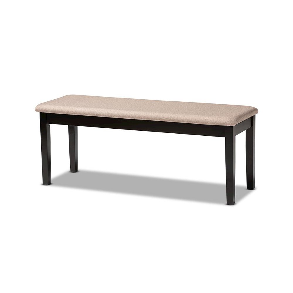 Transitional Sand Fabric Upholstered and Dark Brown Finished Wood Dining Bench. Picture 1