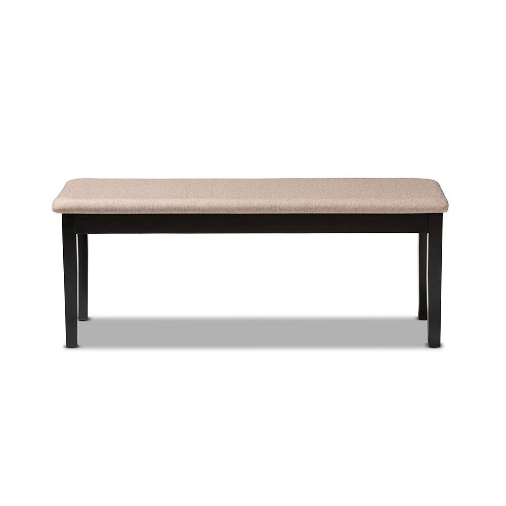 Transitional Sand Fabric Upholstered and Dark Brown Finished Wood Dining Bench. Picture 2