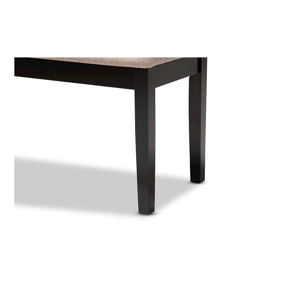Transitional Sand Fabric Upholstered and Dark Brown Finished Wood Dining Bench. Picture 4