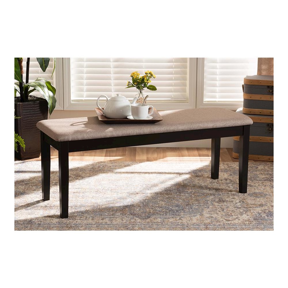 Transitional Sand Fabric Upholstered and Dark Brown Finished Wood Dining Bench. Picture 5