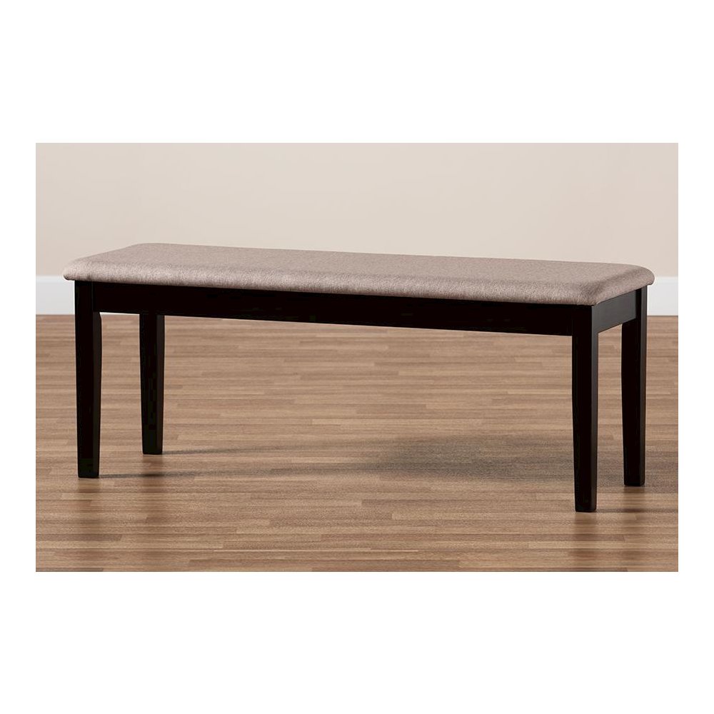 Transitional Sand Fabric Upholstered and Dark Brown Finished Wood Dining Bench. Picture 6
