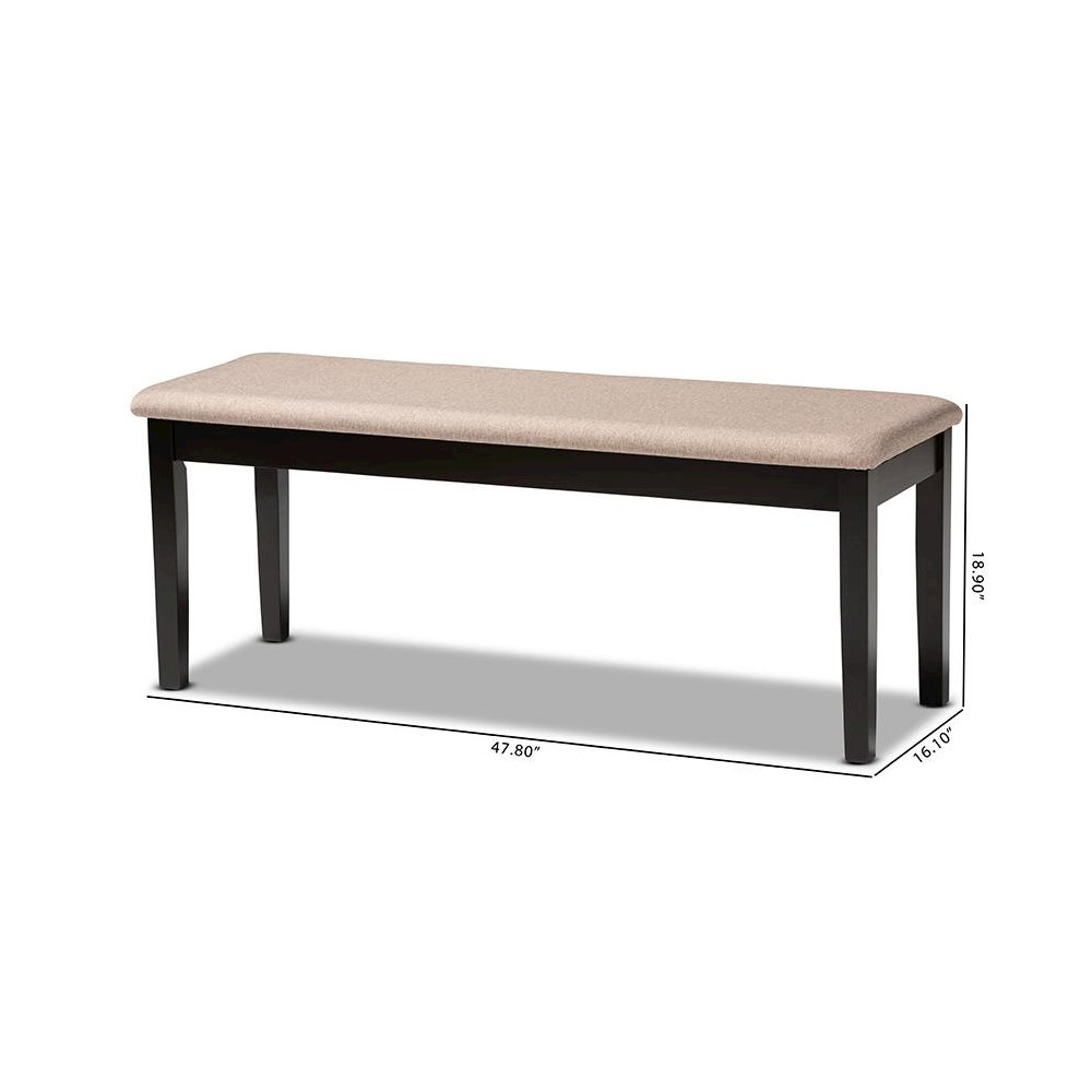 Transitional Sand Fabric Upholstered and Dark Brown Finished Wood Dining Bench. Picture 7