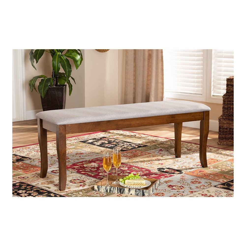 Transitional Grey Fabric Upholstered and Walnut Brown Finished Wood Dining Bench. Picture 5