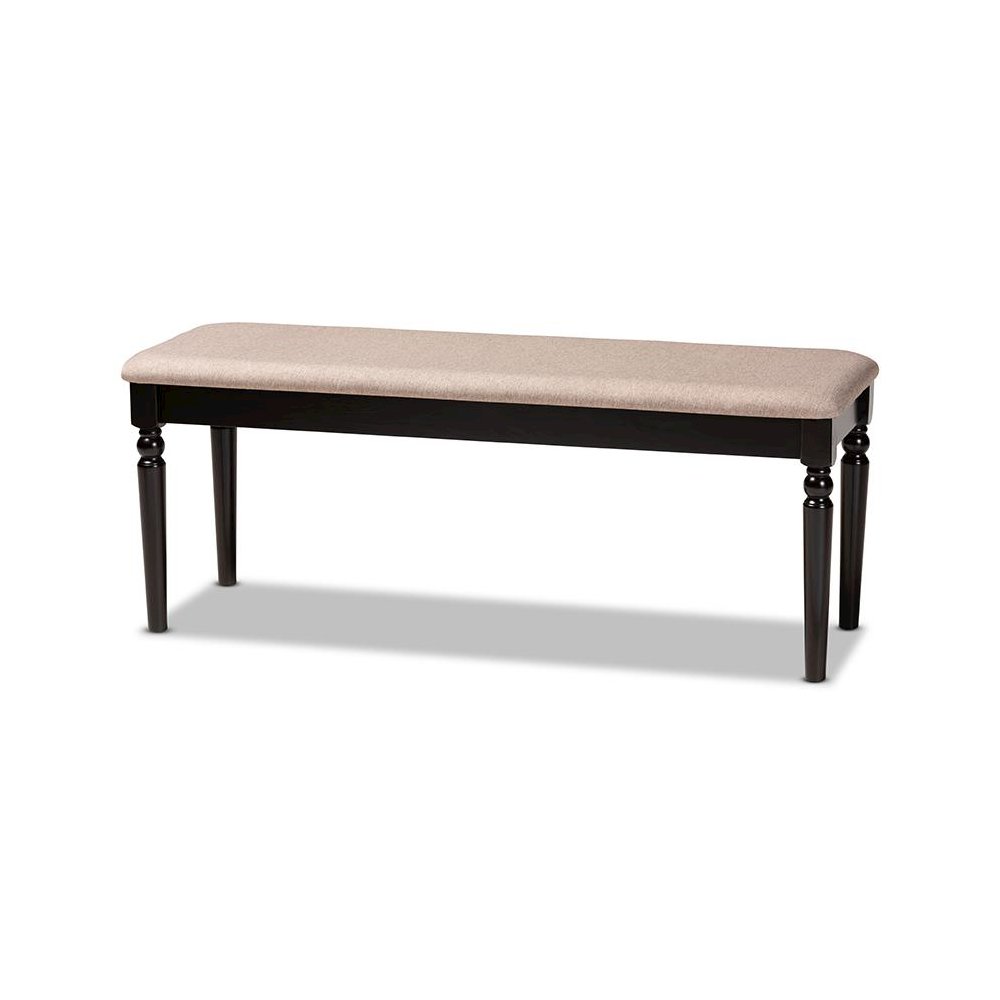 Sand Fabric Upholstered and Dark Brown Finished Wood Dining Bench. Picture 1