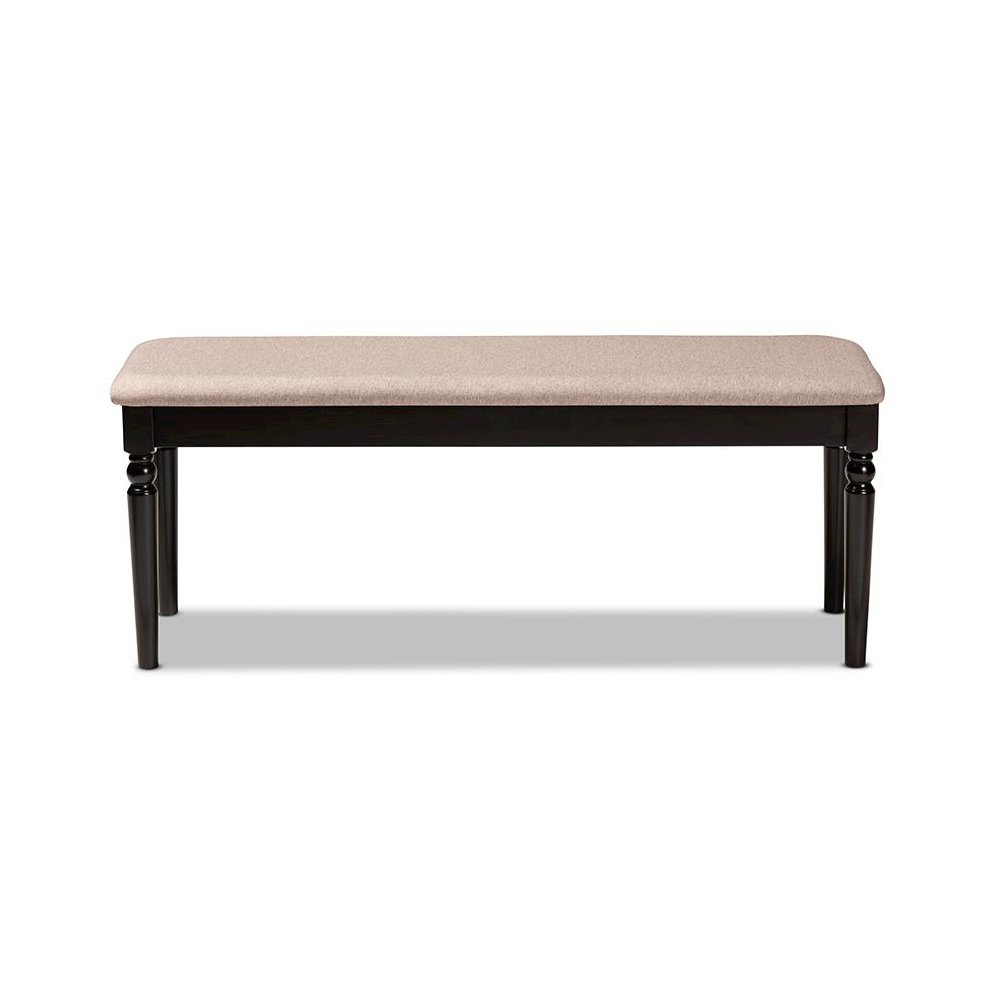 Sand Fabric Upholstered and Dark Brown Finished Wood Dining Bench. Picture 2