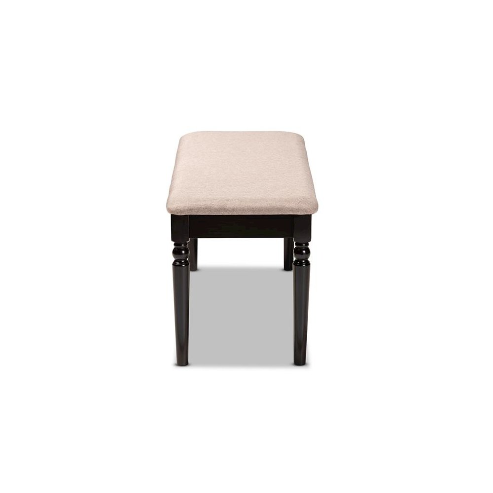 Sand Fabric Upholstered and Dark Brown Finished Wood Dining Bench. Picture 3