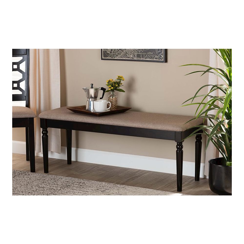 Sand Fabric Upholstered and Dark Brown Finished Wood Dining Bench. Picture 5