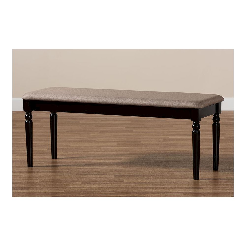 Sand Fabric Upholstered and Dark Brown Finished Wood Dining Bench. Picture 6