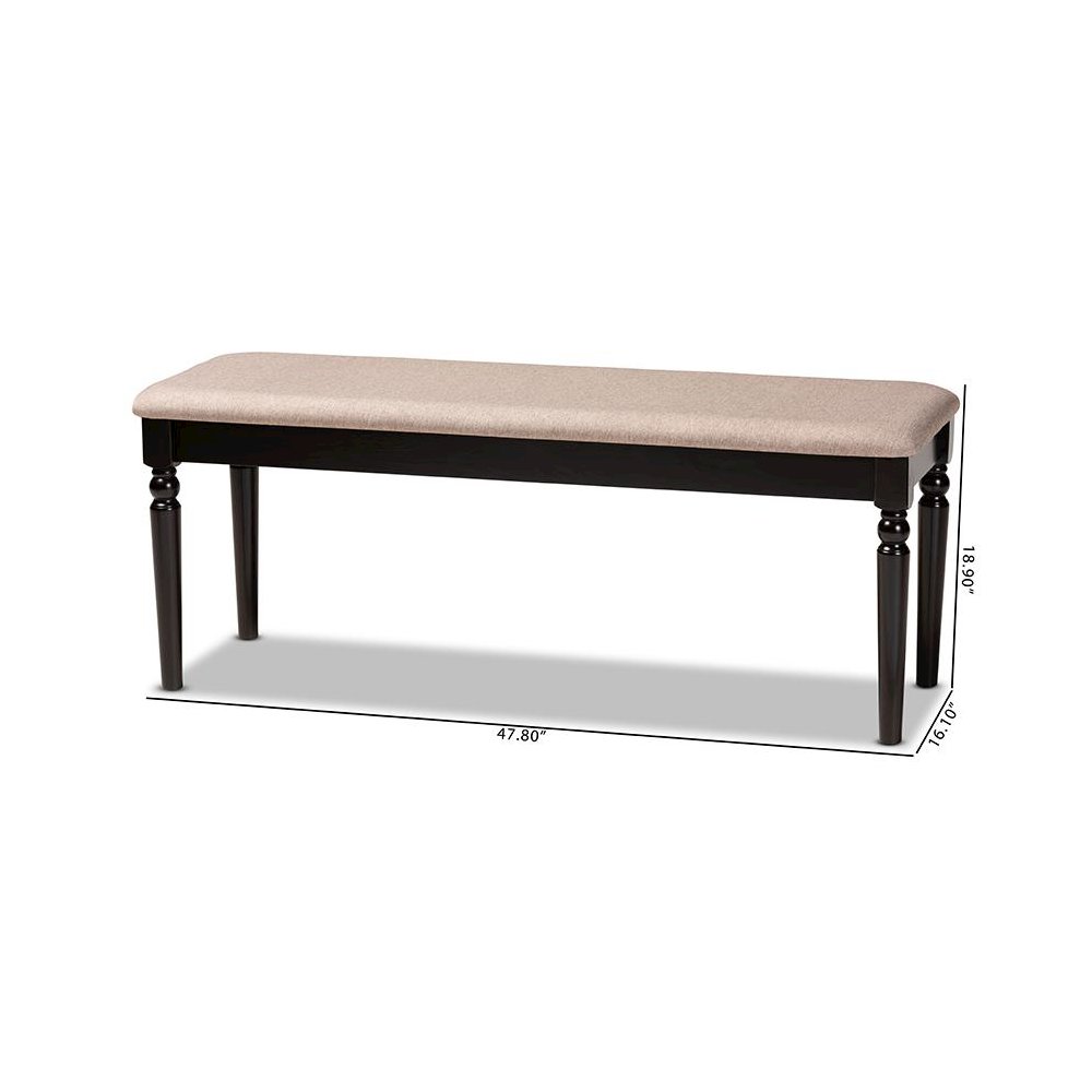 Sand Fabric Upholstered and Dark Brown Finished Wood Dining Bench. Picture 7