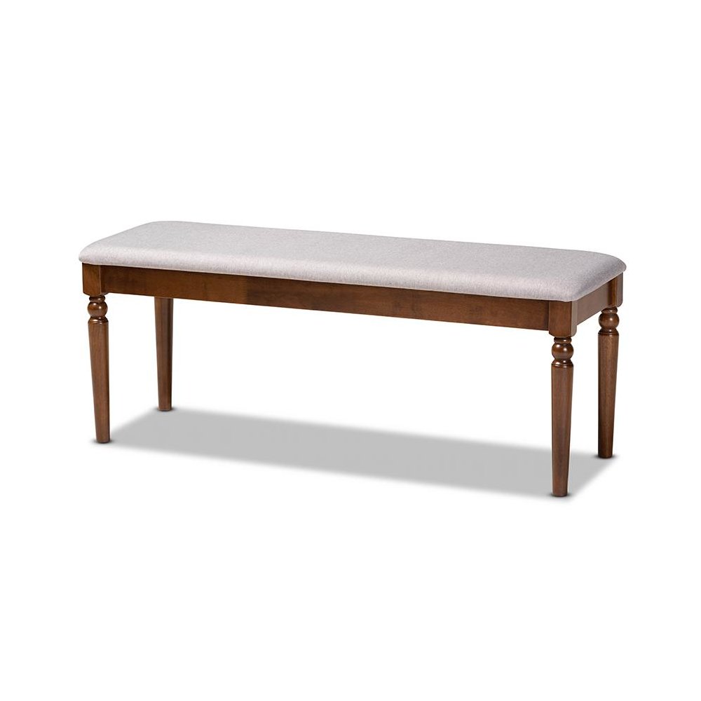 Grey Fabric Upholstered and Walnut Brown Finished Wood Dining Bench. Picture 1