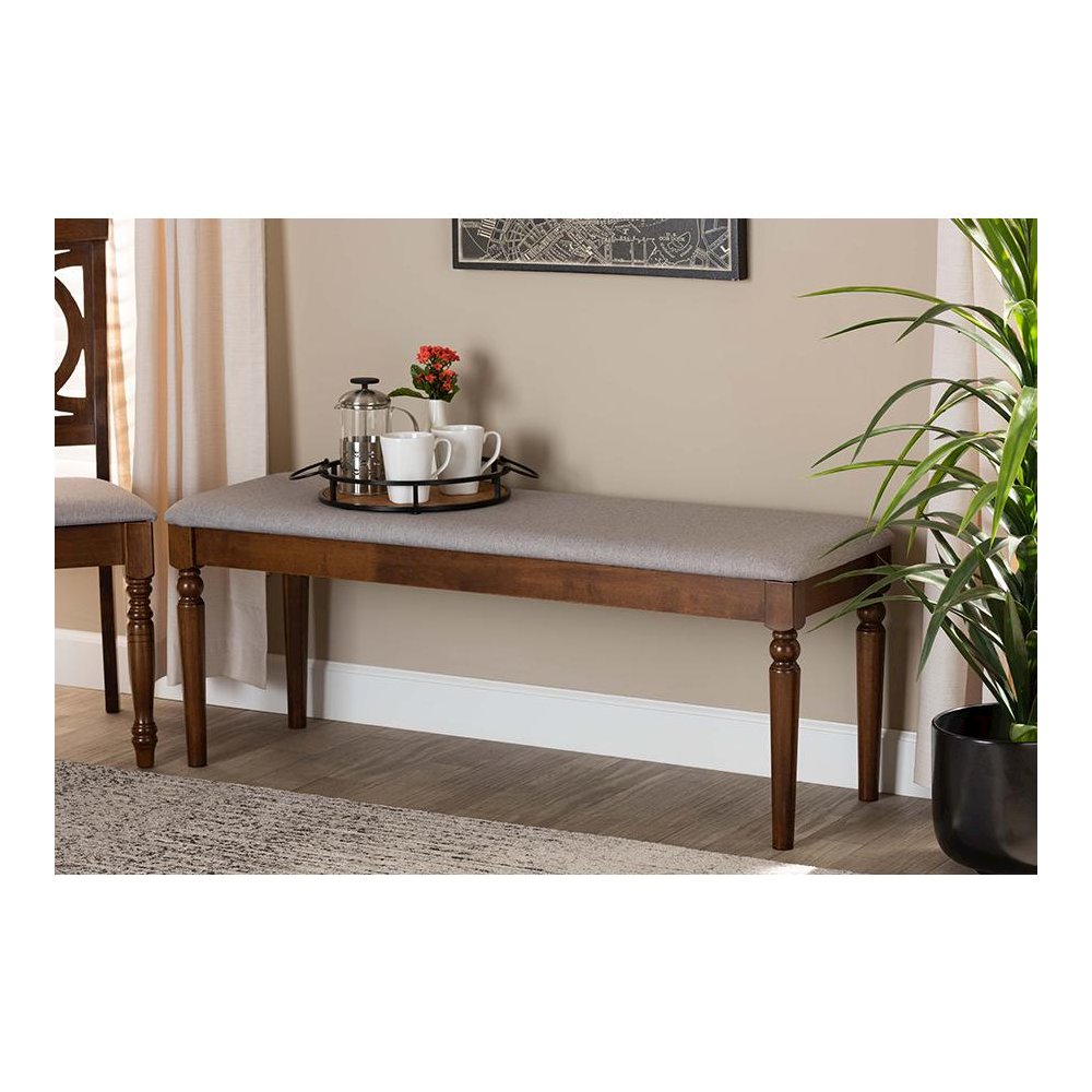 Grey Fabric Upholstered and Walnut Brown Finished Wood Dining Bench. Picture 5