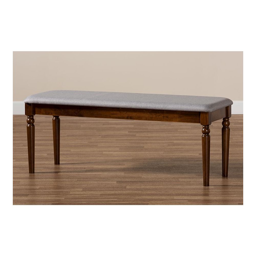 Grey Fabric Upholstered and Walnut Brown Finished Wood Dining Bench. Picture 6