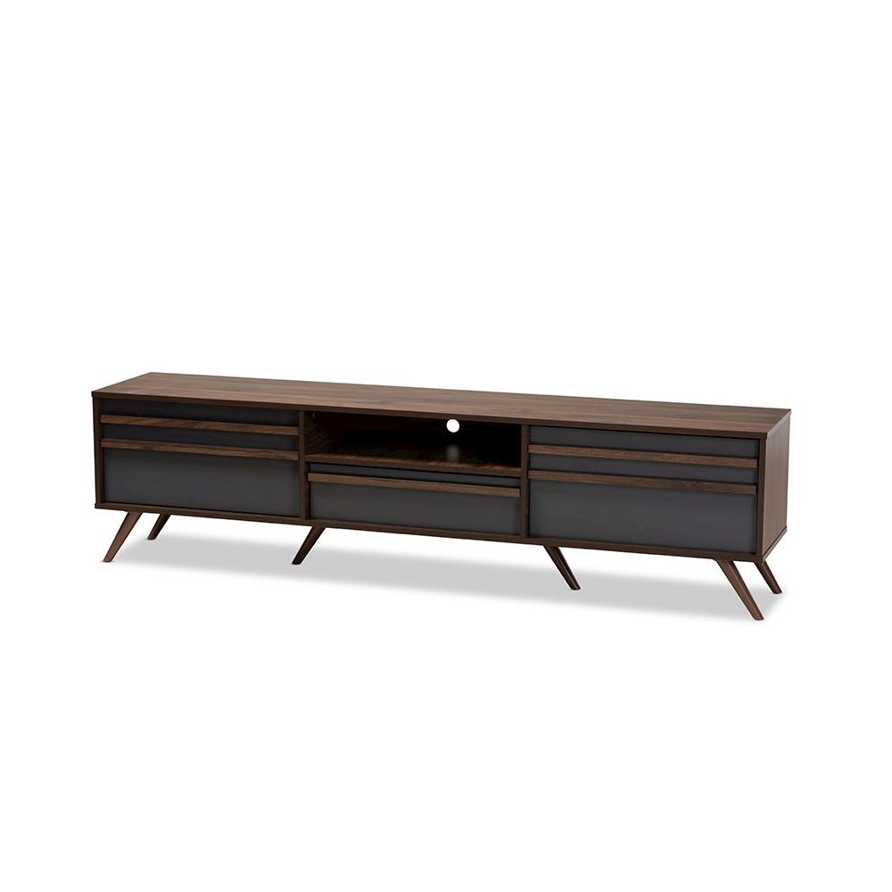 Two-Tone Grey and Walnut Finished Wood TV Stand with Drop-Down Compartments. Picture 1