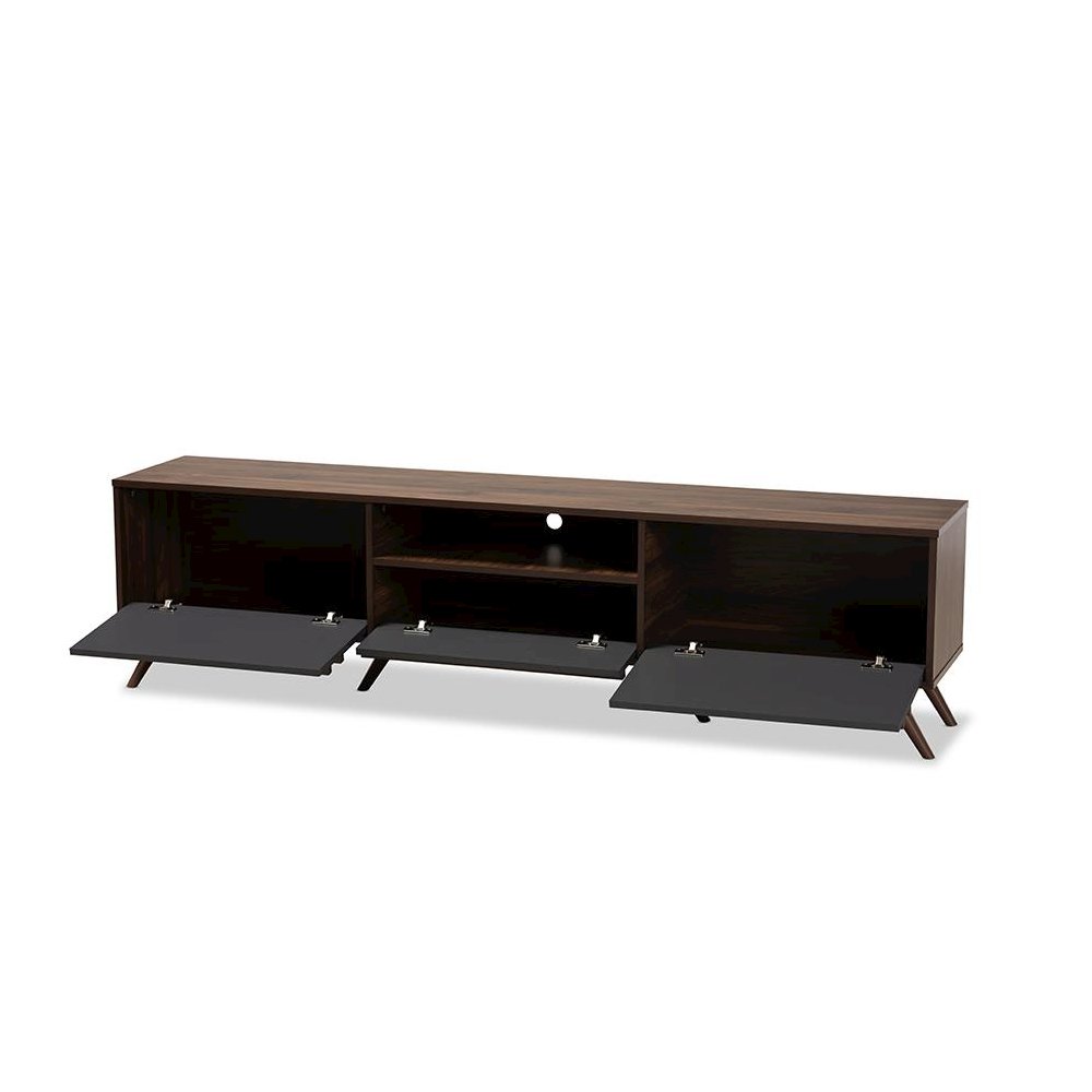 Two-Tone Grey and Walnut Finished Wood TV Stand with Drop-Down Compartments. Picture 2