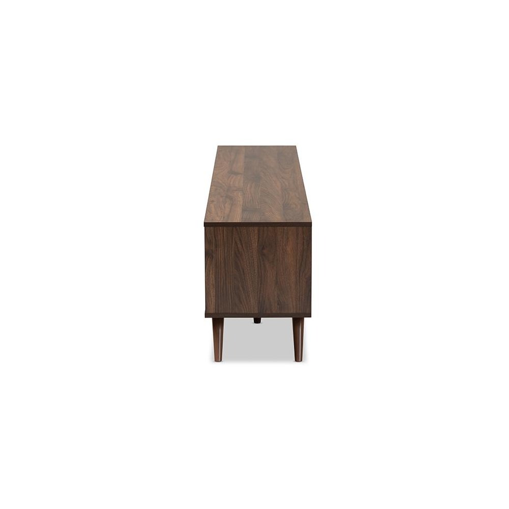 Two-Tone Grey and Walnut Finished Wood TV Stand with Drop-Down Compartments. Picture 4