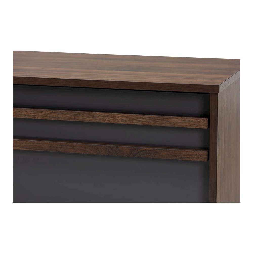 Two-Tone Grey and Walnut Finished Wood TV Stand with Drop-Down Compartments. Picture 5