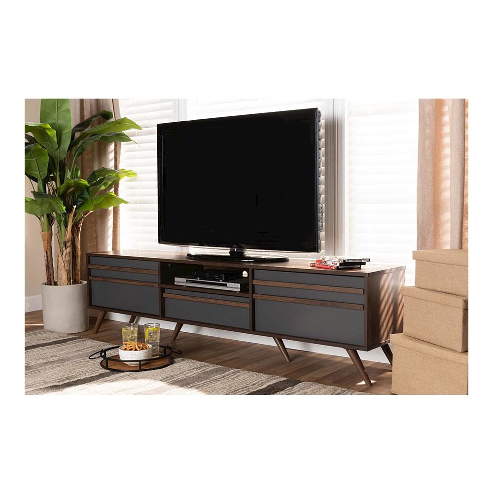 Two-Tone Grey and Walnut Finished Wood TV Stand with Drop-Down Compartments. Picture 7