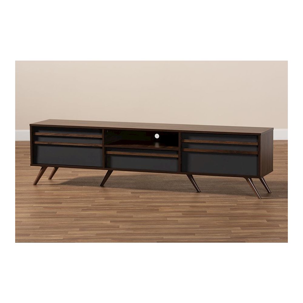Two-Tone Grey and Walnut Finished Wood TV Stand with Drop-Down Compartments. Picture 8