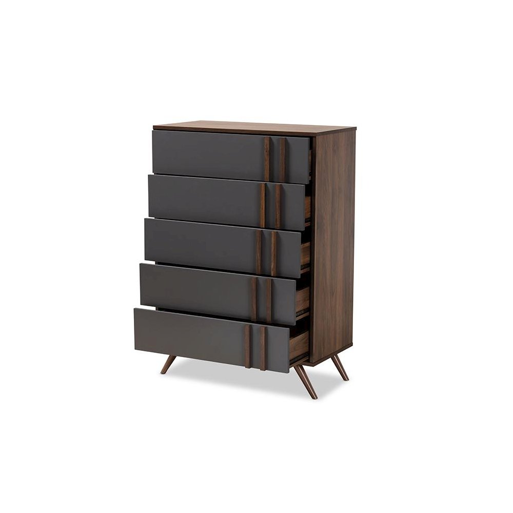 Two-Tone Grey and Walnut Finished Wood 5-Drawer Bedroom Chest. Picture 2