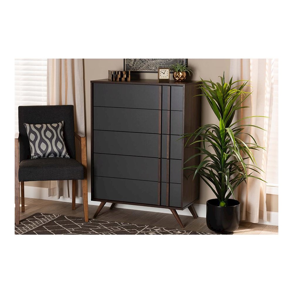 Two-Tone Grey and Walnut Finished Wood 5-Drawer Bedroom Chest. Picture 7