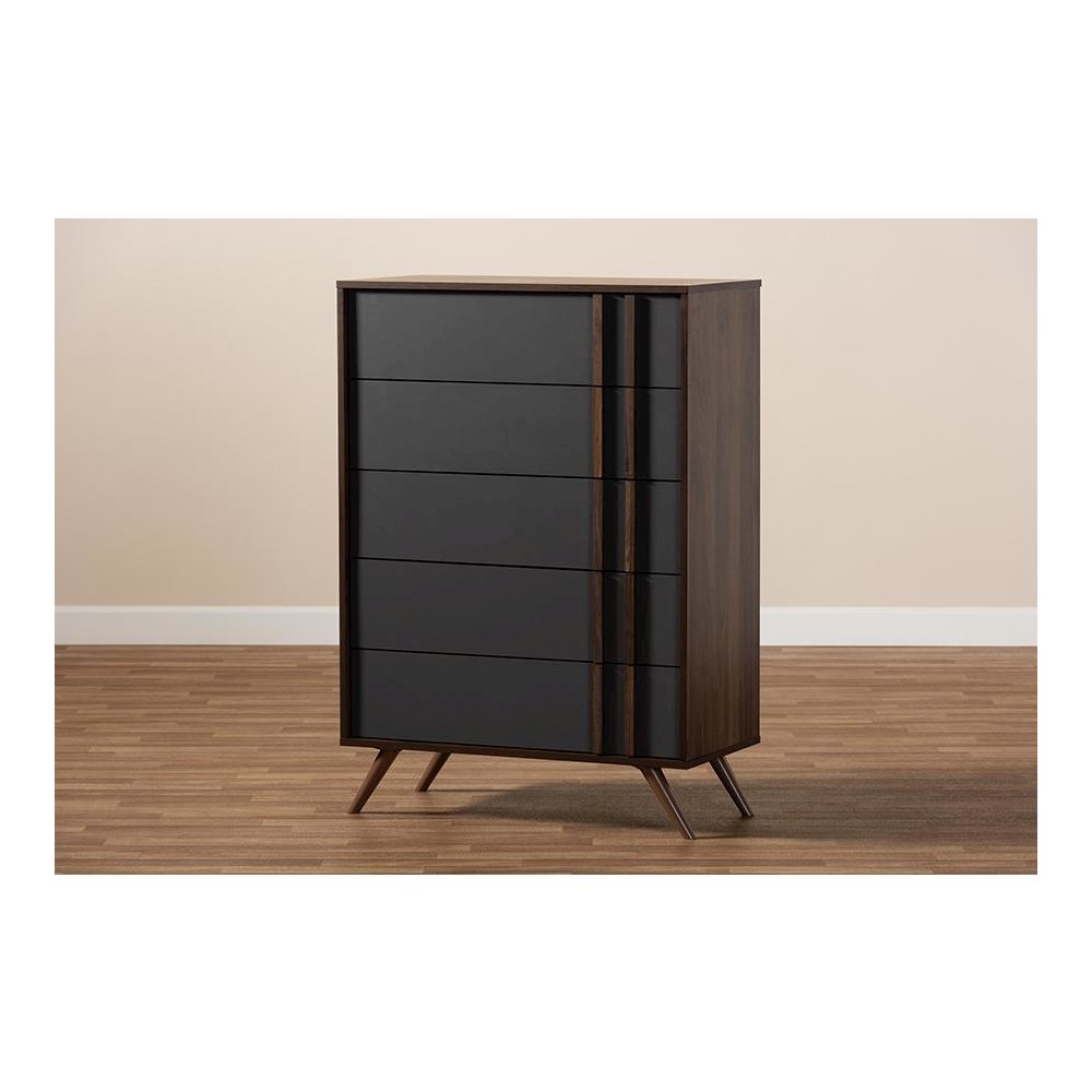 Two-Tone Grey and Walnut Finished Wood 5-Drawer Bedroom Chest. Picture 8