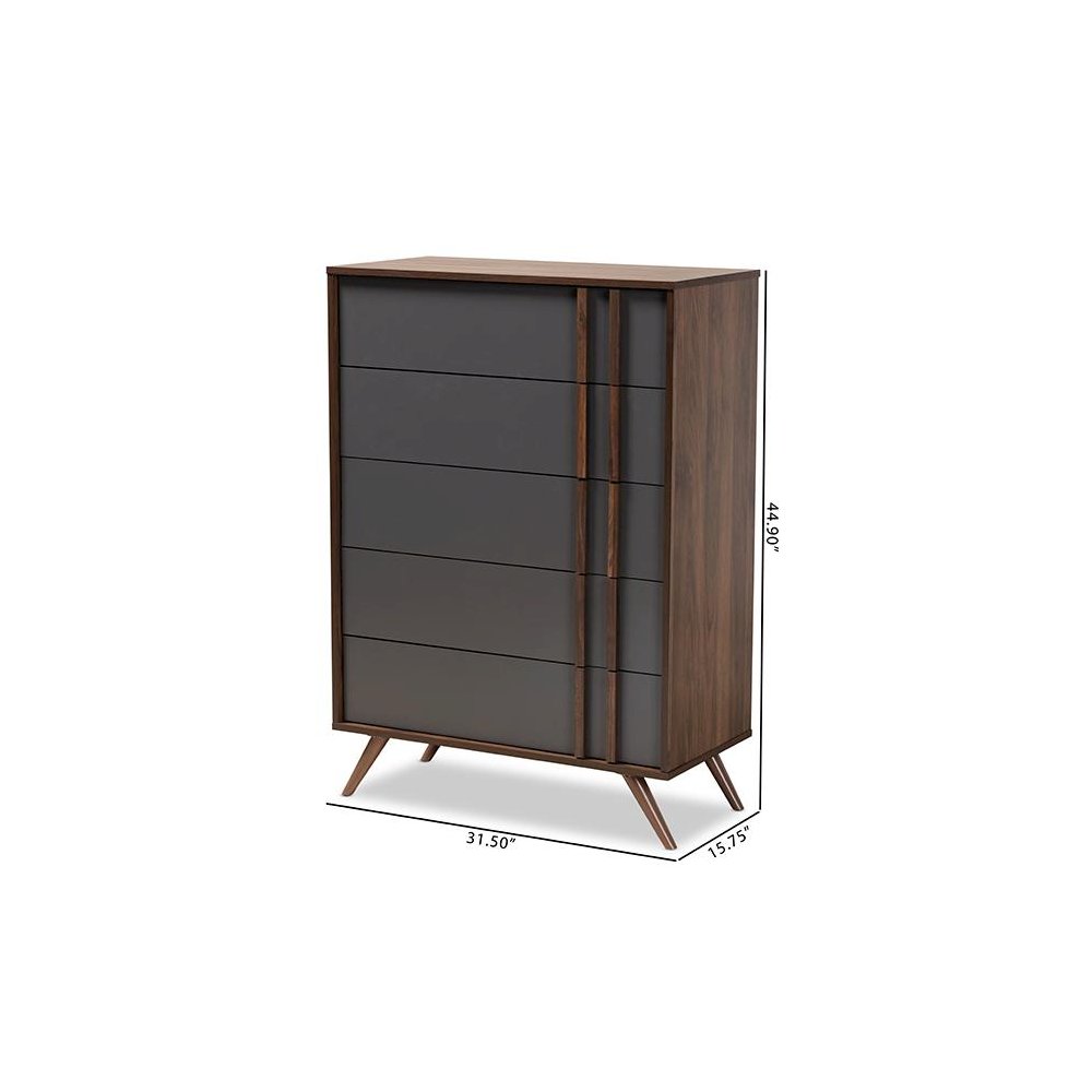 Two-Tone Grey and Walnut Finished Wood 5-Drawer Bedroom Chest. Picture 9