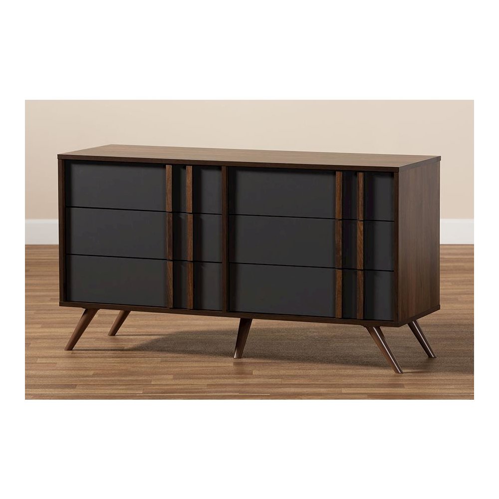 Two-Tone Grey and Walnut Finished Wood 6-Drawer Bedroom Dresser. Picture 8