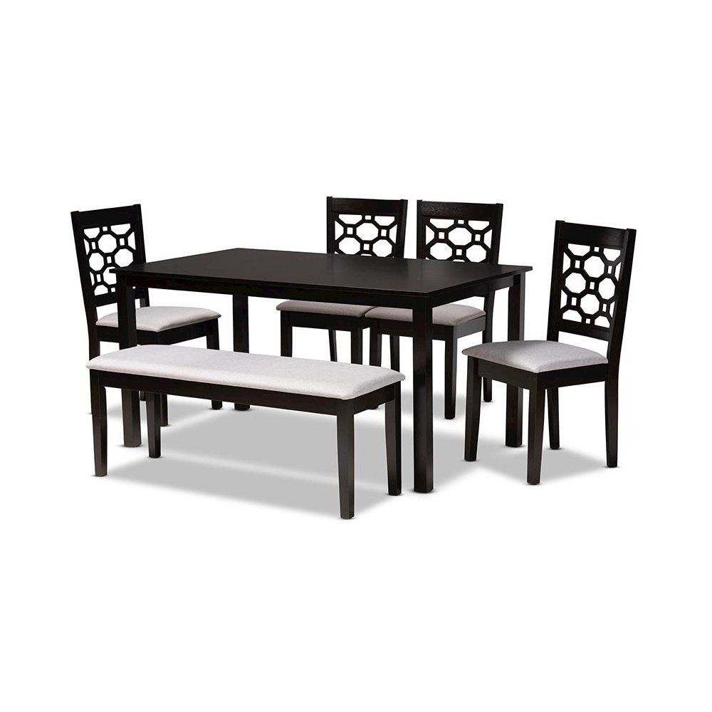 Grey Fabric Upholstered and Dark Brown Finished Wood 6-Piece Dining Set. Picture 1