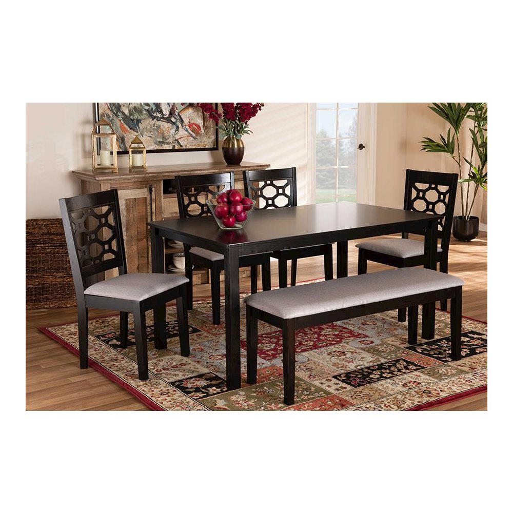 Grey Fabric Upholstered and Dark Brown Finished Wood 6-Piece Dining Set. Picture 7