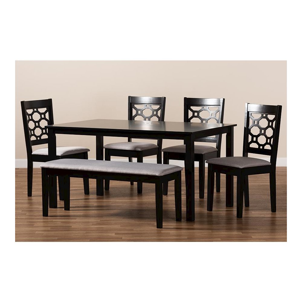 Grey Fabric Upholstered and Dark Brown Finished Wood 6-Piece Dining Set. Picture 8