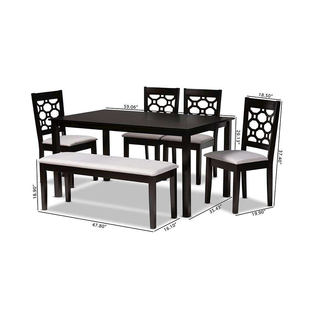 Grey Fabric Upholstered and Dark Brown Finished Wood 6-Piece Dining Set. Picture 9
