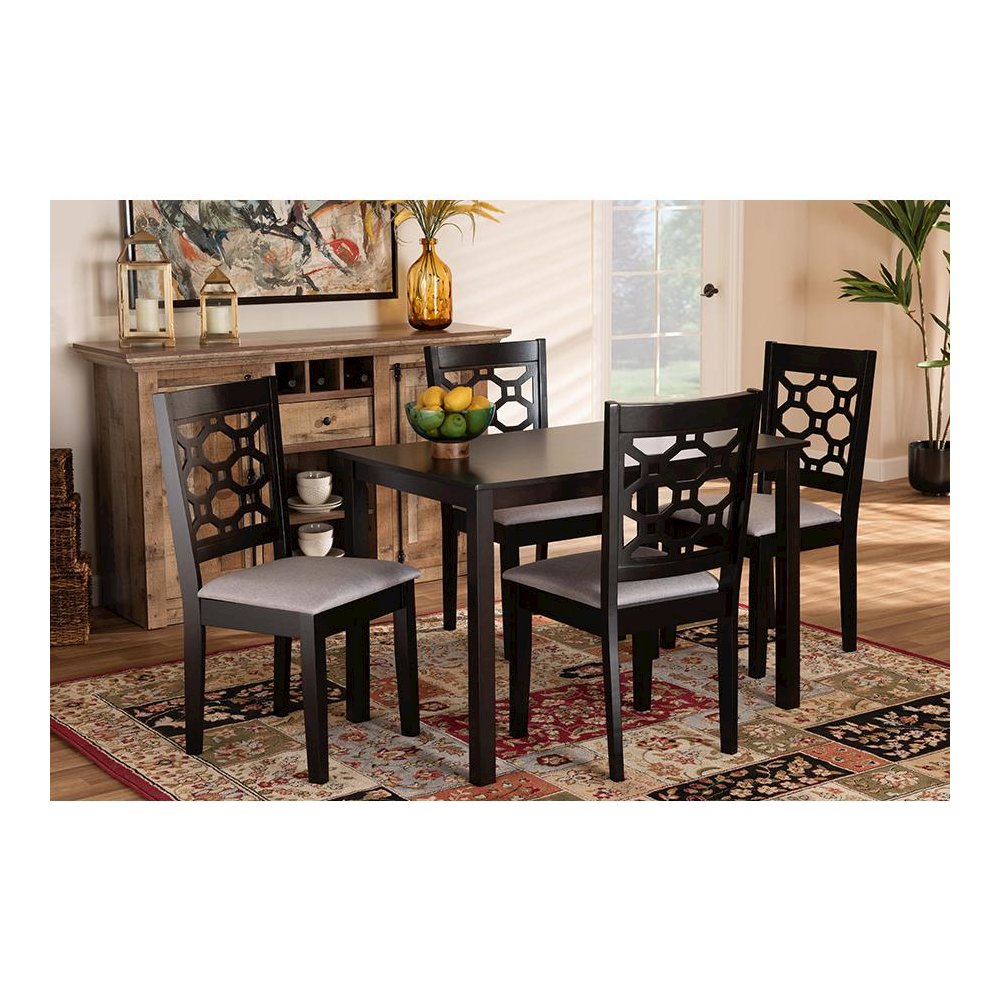 Grey Fabric Upholstered and Dark Brown Finished Wood 5-Piece Dining Set. Picture 6