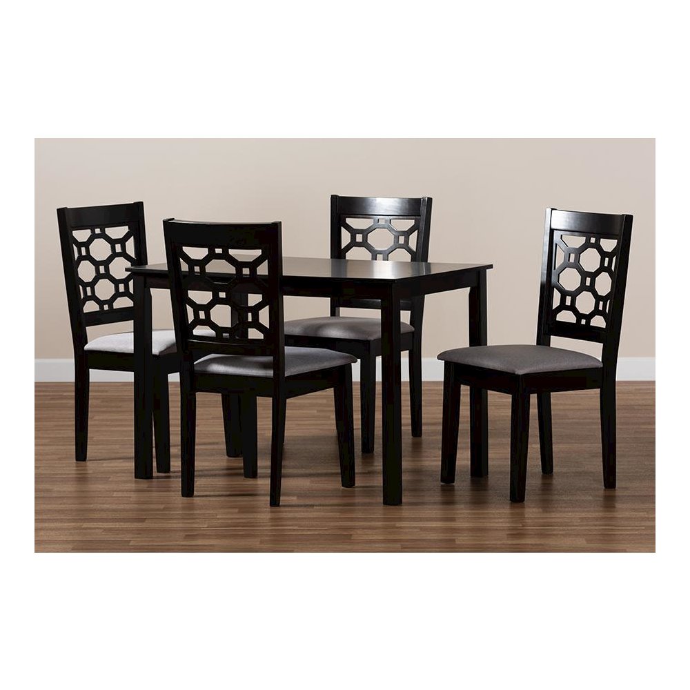 Grey Fabric Upholstered and Dark Brown Finished Wood 5-Piece Dining Set. Picture 7