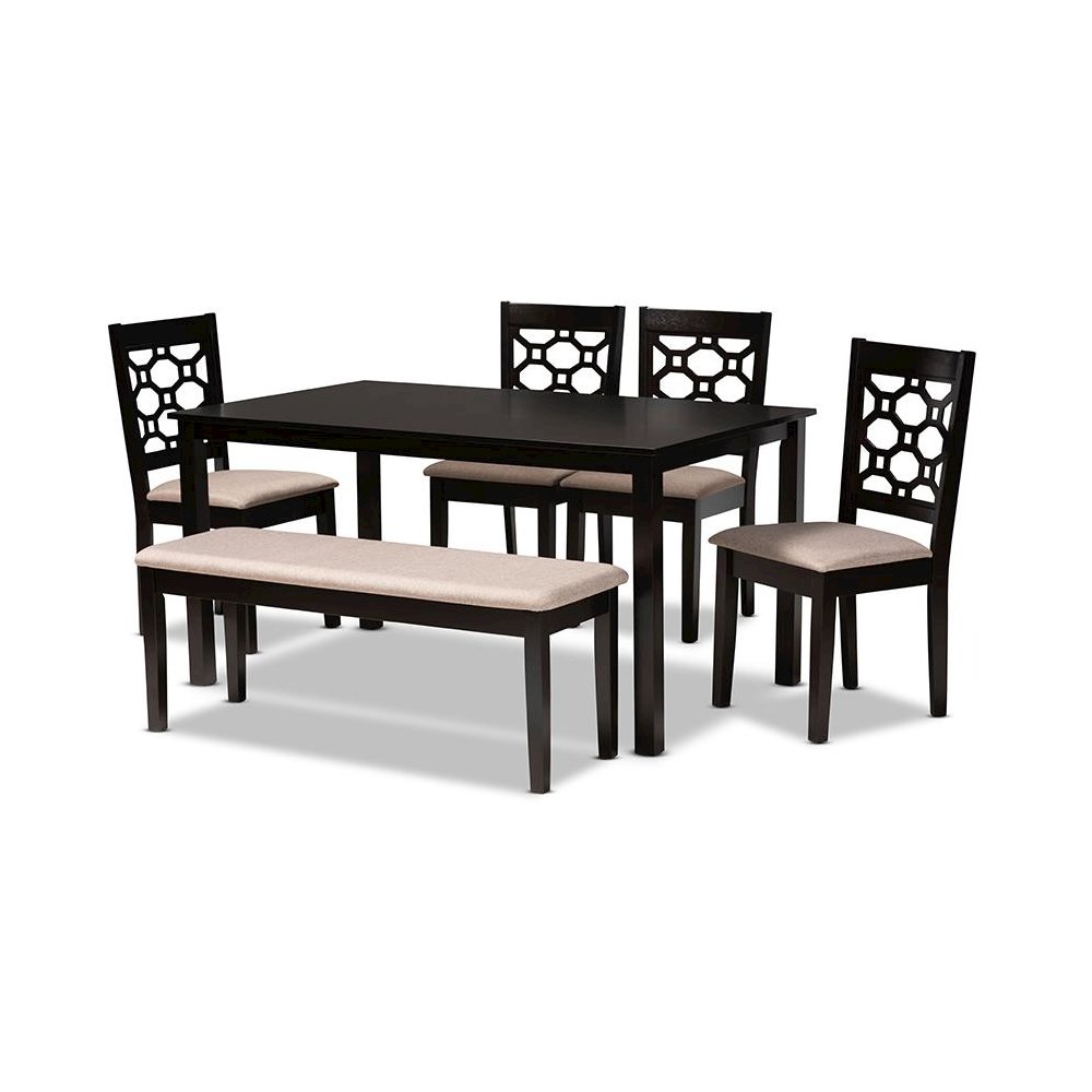 Sand Fabric Upholstered and Dark Brown Finished Wood 6-Piece Dining Set. Picture 1
