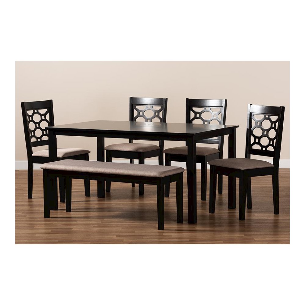 Sand Fabric Upholstered and Dark Brown Finished Wood 6-Piece Dining Set. Picture 8