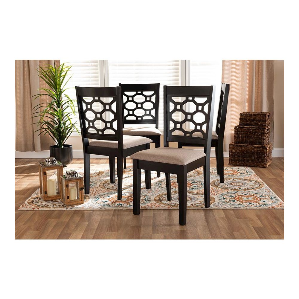 Sand Fabric Upholstered and Dark Brown Finished Wood 4-Piece Dining Chair Set. Picture 4