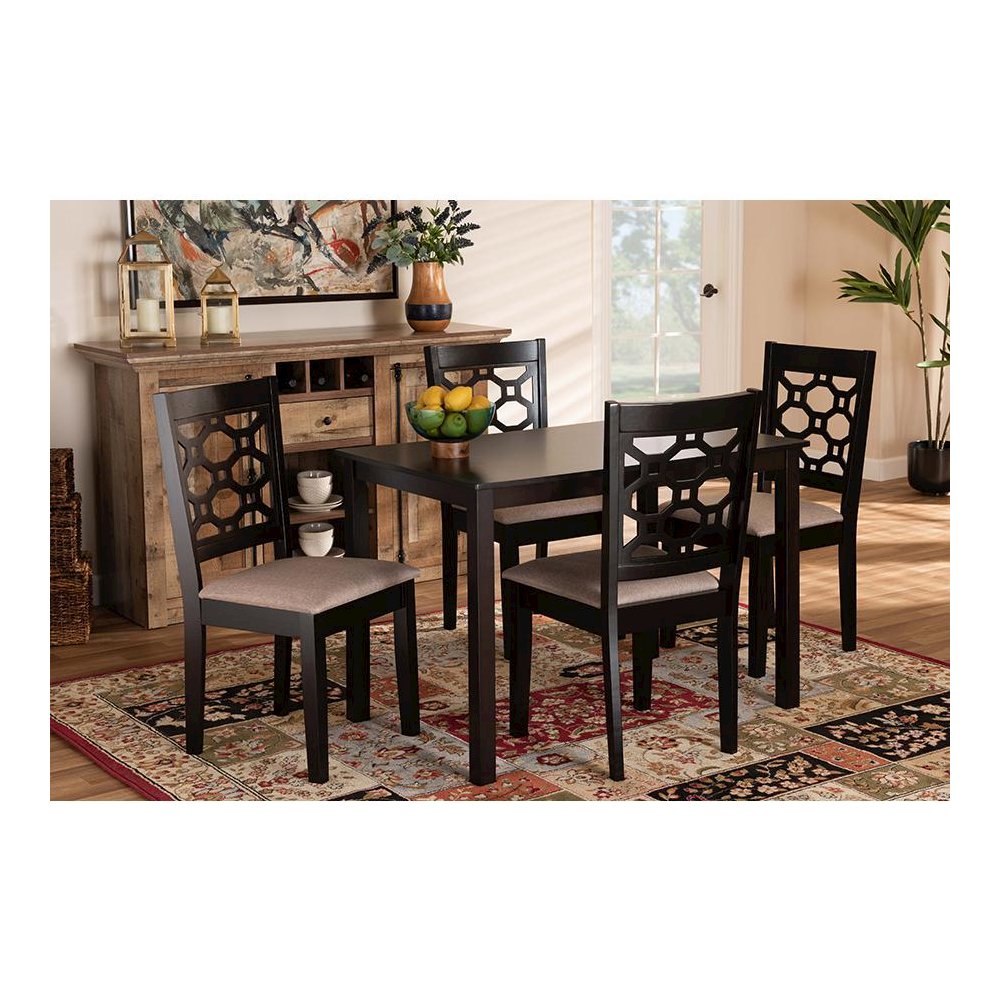 Sand Fabric Upholstered and Dark Brown Finished Wood 5-Piece Dining Set. Picture 6