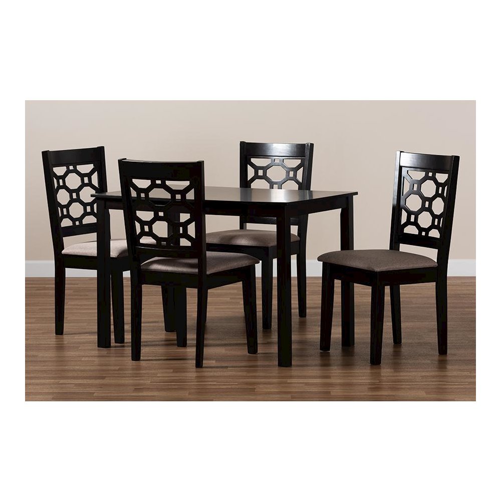 Sand Fabric Upholstered and Dark Brown Finished Wood 5-Piece Dining Set. Picture 7