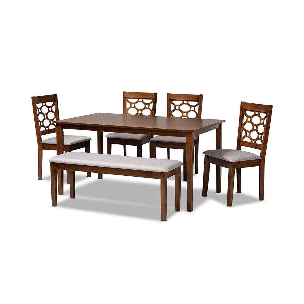 Grey Fabric Upholstered and Walnut Brown Finished Wood 6-Piece Dining Set. Picture 1