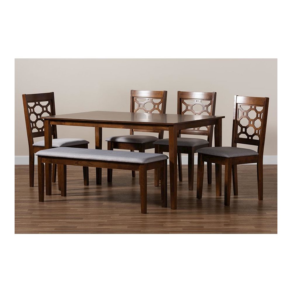 Grey Fabric Upholstered and Walnut Brown Finished Wood 6-Piece Dining Set. Picture 8